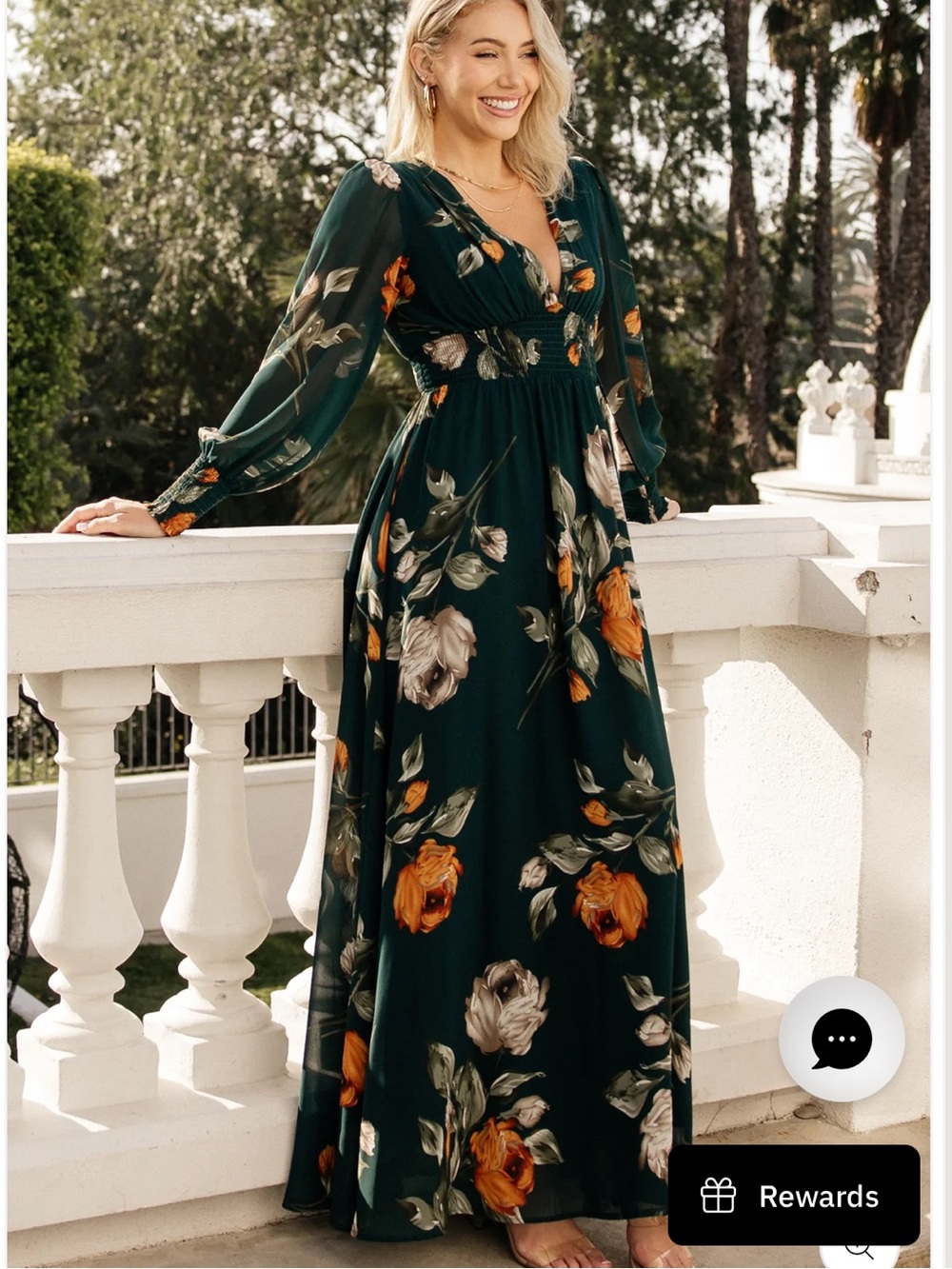 Baltic Born Dark Green Floral V-Neck Long Sleeve Maxi Dress